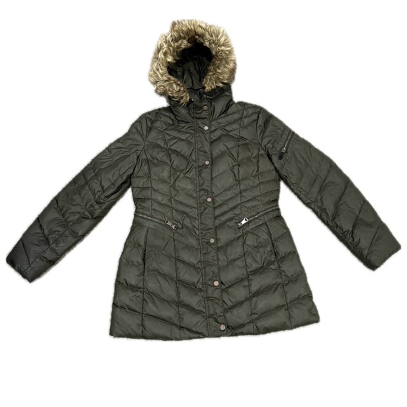 🧥❄️ MARC NEW YORK‎ Green Quilted Puffer Coat | Faux Fur Hood | M Winter Luxe - Picture 1 of 9